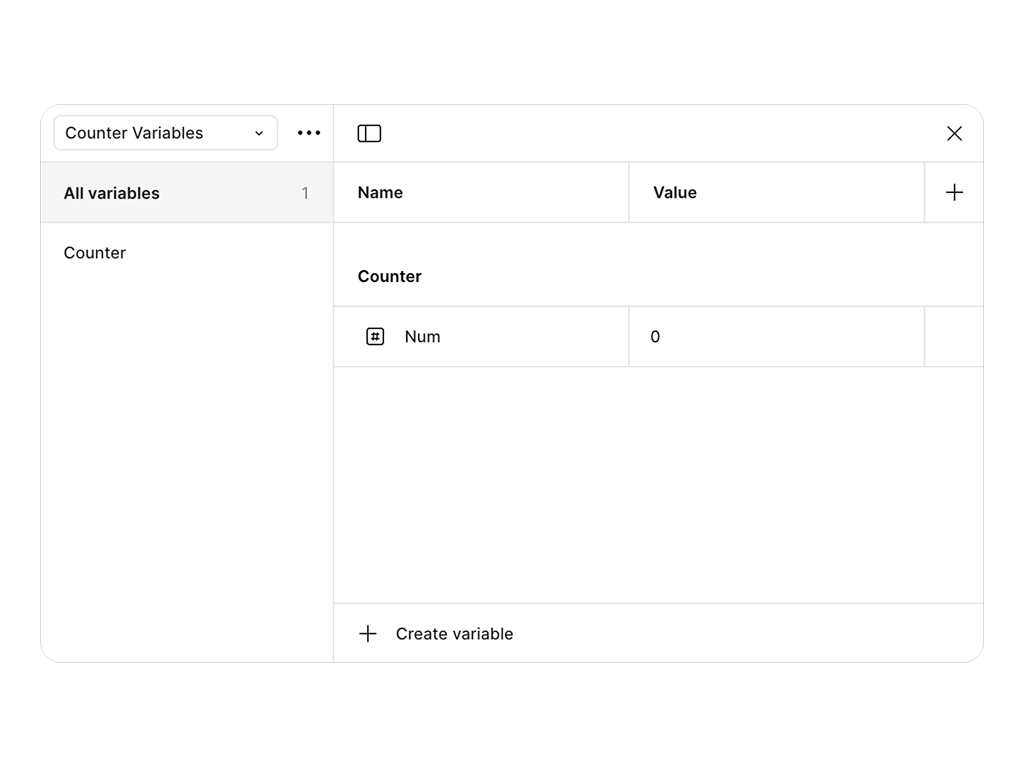 Figmaの「Local Variables」パネルを開き、新しいバリアブルを作成。種類はNumber、名前は「Num」、初期値は「0」に設定する。
