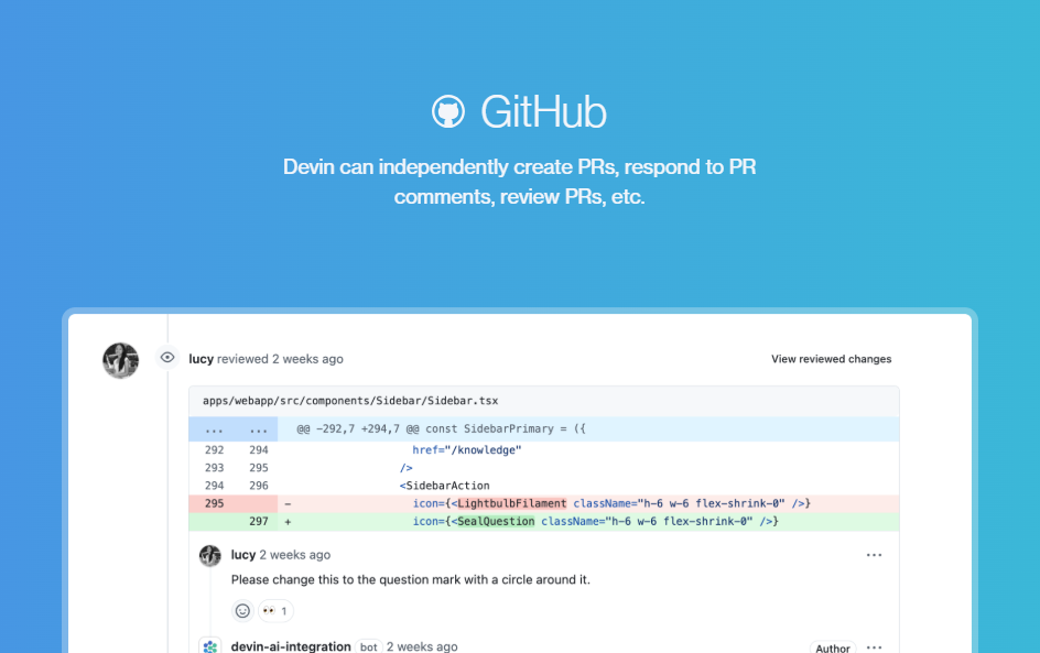 Devin公式サイトトップにおけるGitHub連携に関しての説明