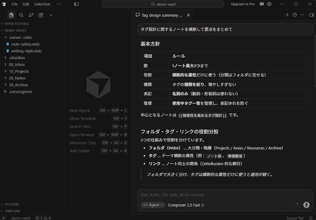 Vault全体を横断検索して要約できる
